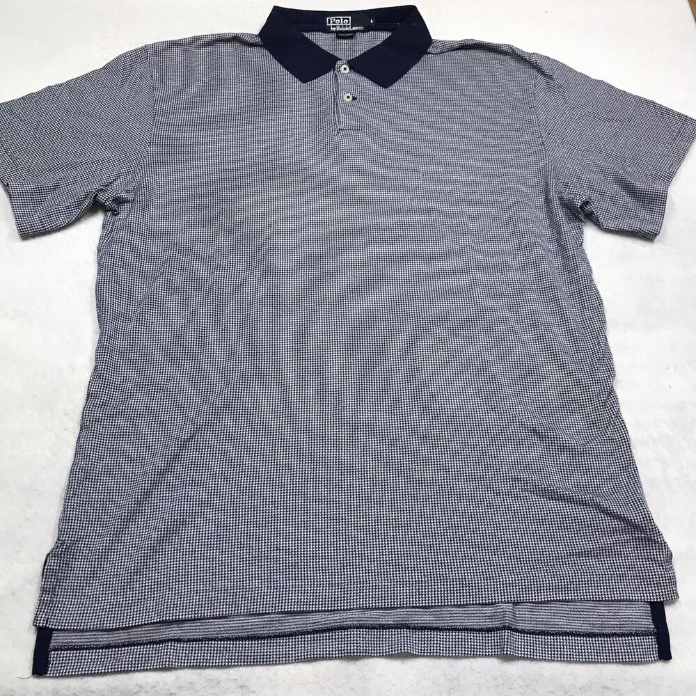 Vintage POLO Ralph Lauren Shirt Men L Blue Houndstooth Golf Offset Hem Preppy